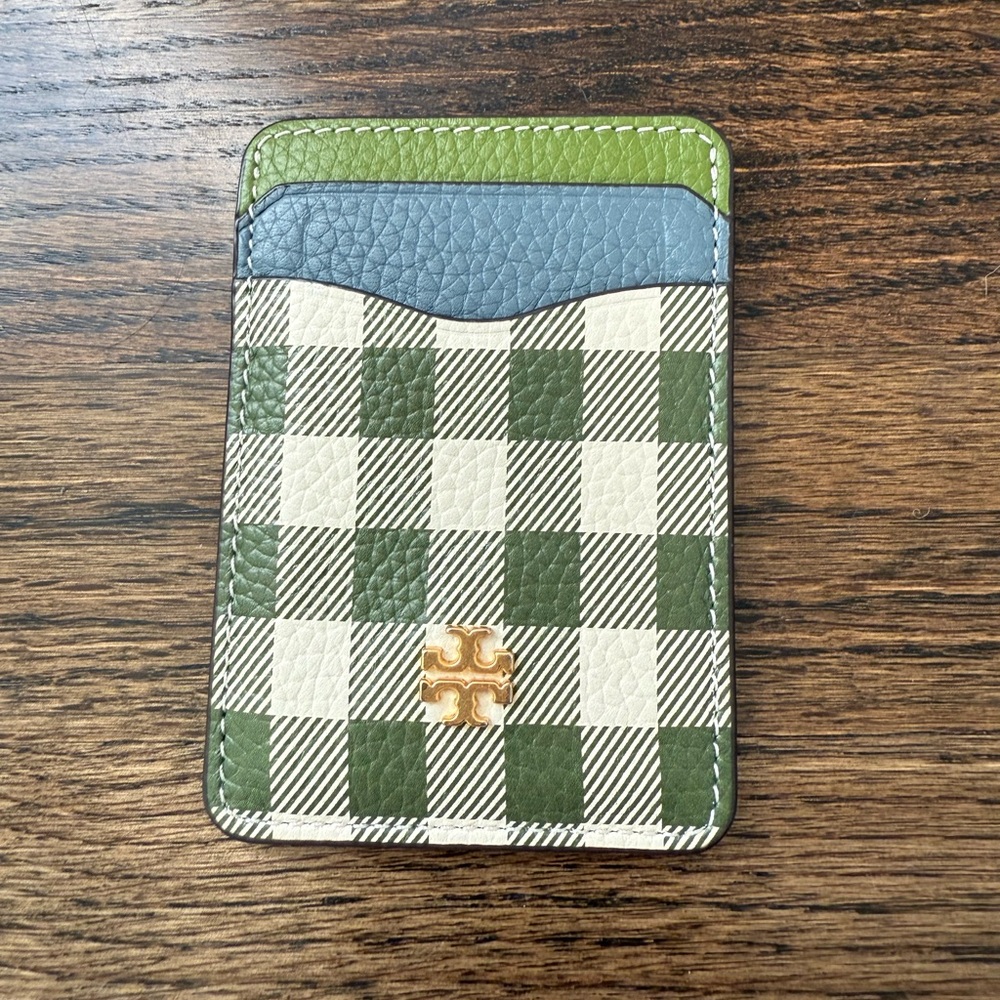 Tory Burch Green Plaid Leather Card Holder with Blue and Lime Trim